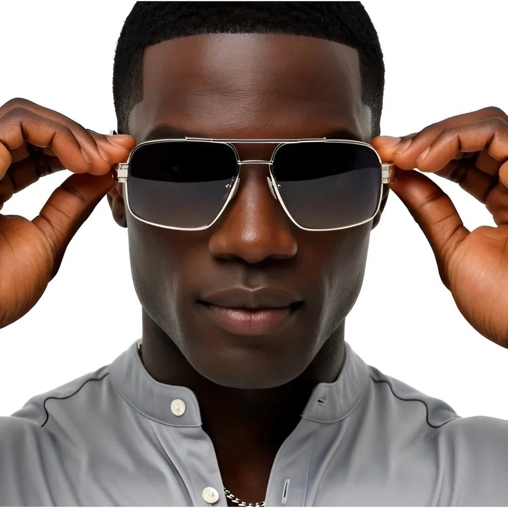 Mens‎ Sunglasses Silver Metal Frame Gradient Lens Double Bridge Aviator Outfit